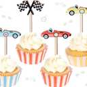 32pcs Race Car Wooden Cupcake Toppers, Racing Flag Cupcake Picks Cake Decorations Baby Shower Birthday Party Supplies