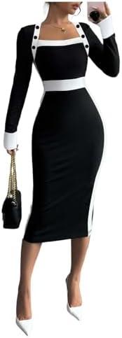 SOLY HUX Women's Long Sleeve Square Neck Bodycon Elegant Midi Dress Pencil Cocktail Party Dresses (No Size)
