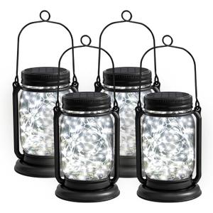 4 Pack Hanging Solar Lantern Lights, 30LED Vintage Glass Mason Jar Solar Fairy Lights Outdoor Decorative Waterproof Table Lamp with Stakes for Patio Yard Lawn Tree