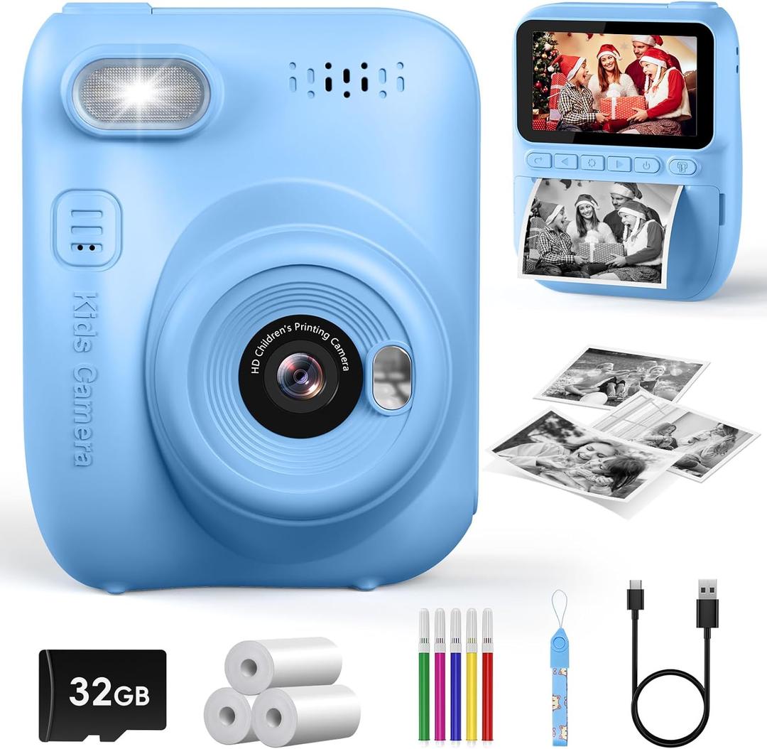 Kids Instant Print Camera, 3.0-inch HD Screen 32MP Photo Instant Digital Camera Christmas Birthday Gifts Toys for Children Girls Boys Age 3-12 - Blue