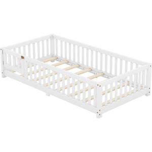 Bellemave Twin XL Floor Bed Frame with 18.5" High Guardrails & Detachable Side Fence, Low to Ground Wood Twin XL Platform Bed for Kids Girls Boys with 8 Sturdy Slats Load 350LBS, White