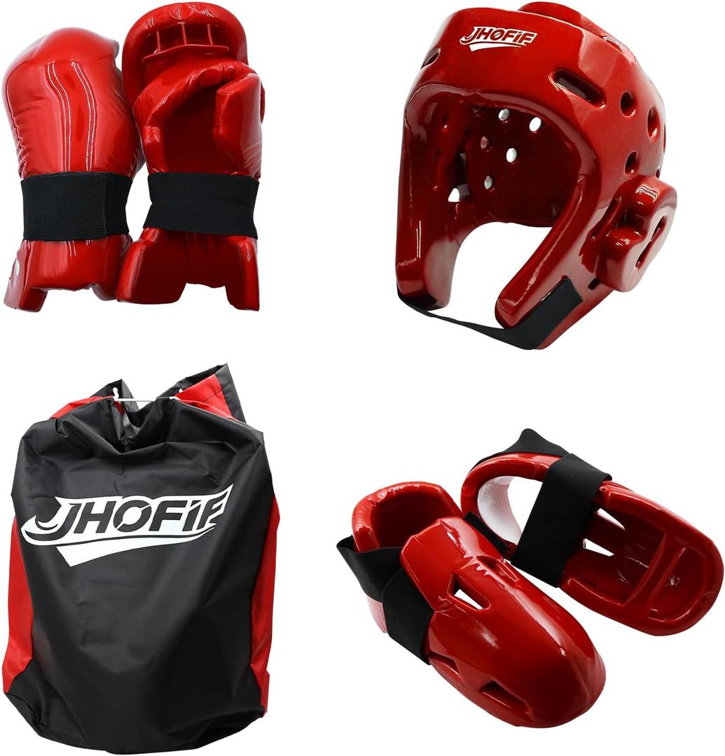 Martial Arts Karate Protective Sparring Gear Package Deal/Gift Adjustable Adult & Youth Headgear, UZJ Gloves & Kicks for MMA, Taekwondo, Boxing Training