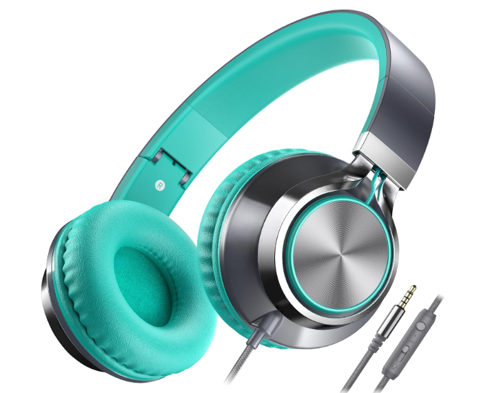 AILIHEN C8 Wired Headphones with Mic and Volume Control - Noise Isolating On-Ear Headphones, Folding Lightweight Corded 3.5mm Headset for Cellphones Tablets Chromebook Laptop Computer (Grey/Mint)