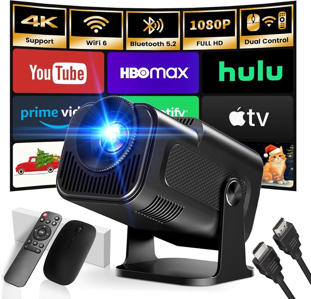 Mini Projector 2025 Upgraded Dual Control 1980x1080P 4K Support Portable Video Projector WiFi 6 BT5.2 180° Keystone Compatible with TV Stick/Memory Stick/Smartphone/USB/Laptop, Dark