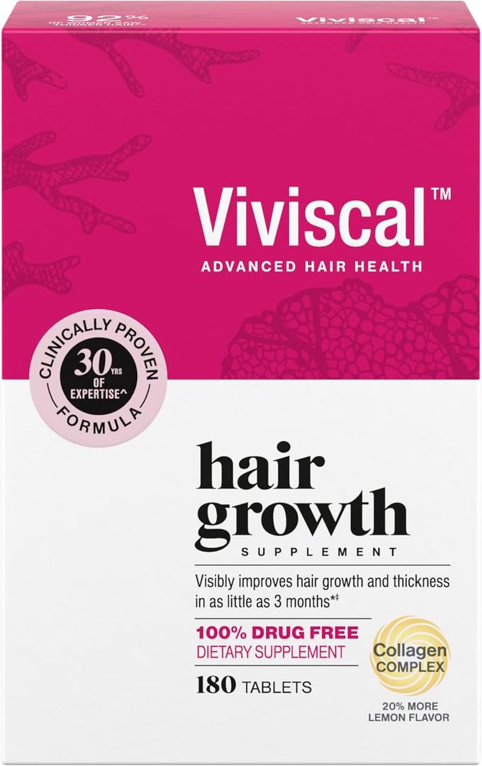 Viviscal Hair Growth Supplements for Women, Thicker Fuller Hair Support for Thinning Hair and Hair Loss, with Biotin and Marine Collagen, Drug-Free, 180 Tablets, 90-Day Supply