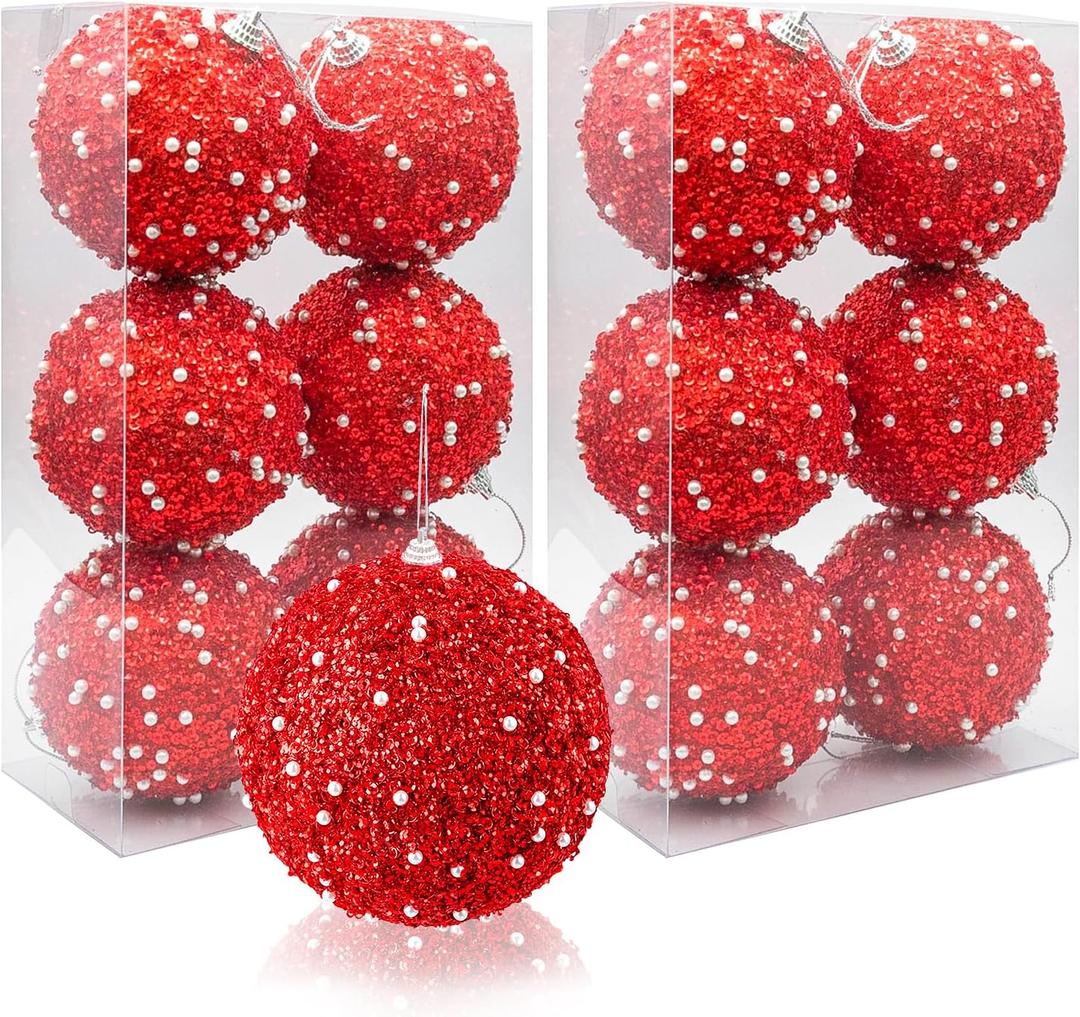 12 PCS Chinese New Year Decorations for Christmas Tree, 3.15" Red Glitter Christmas Ball Bulk Xmas Valentine's Day Sequin Foam Hanging Ornament Decorative Hanging