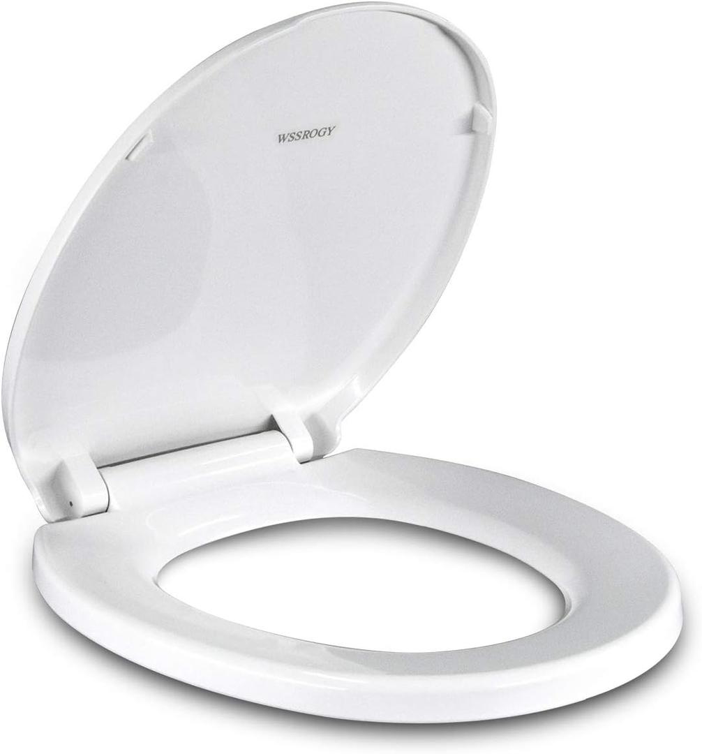 Toilet Seat Round with Non-Slip Seat Bumpers, Universal Quiet-Close Toilet Lid, Never Loosen and Easy to Install, Durable Plastic, White, Fits Standard