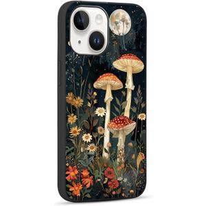 Compatible with iPhone 13 Case, Aesthetic Moonlight Mushrooms Beautiful Flowers Slim Soft TPU Shockproof Protection Case