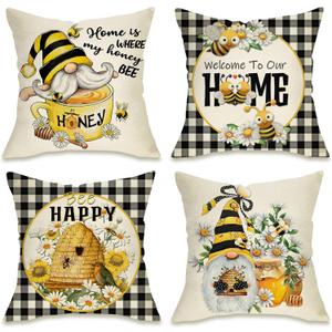 Fahrendom Spring Summer Yellow Bumble Bee Happy Gnome Decorative Throw Pillow Cover 16x16 Set of 4, Fall Black Buffalo Plaid Honey Themed Home Decoration, Farmhouse Cushion Case Outdoor Decors