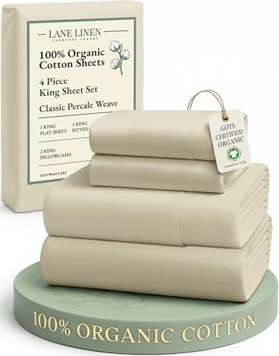 LANE LINEN 100% Organic Cotton Bed Sheets King Size, Fully Elasticized Reinforsed Seams in Fitted Pocket, Machine Washable Naturally Cooling All Season King Sheet Deep Pocket Bedding- Linen