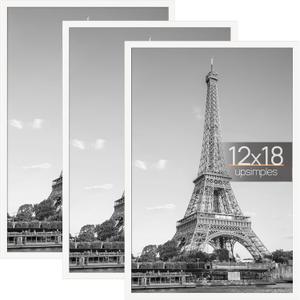 upsimples 12x18 Picture Frame White 3 Pack, Scratch-Proof Poster Frames 12 x 18 for Photo Gallery - Slide-In Strips, Horizontal or Vertical Wall Mounting