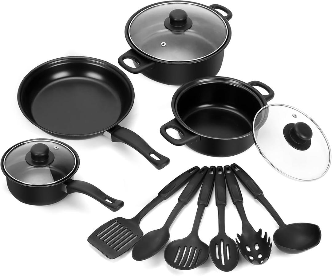 Non-Stick Cookware Set, 13 Piece Set Portable Lightweight Cast Iron Pots and Pans with Glass Lids and Nylon Utensils for Outdoor Camping Picnic Travel Cookware