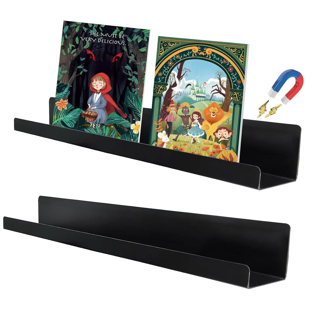 2 Pack Magnetic Book Shelf for Whiteboard Classroom, 17 Inch Magnetic Shelf Metal Floating Book Shelves Heavy Duty Magnetic Book Display Shelf Magnetic Book Holder for Office and Classroom, Teacher (Black)