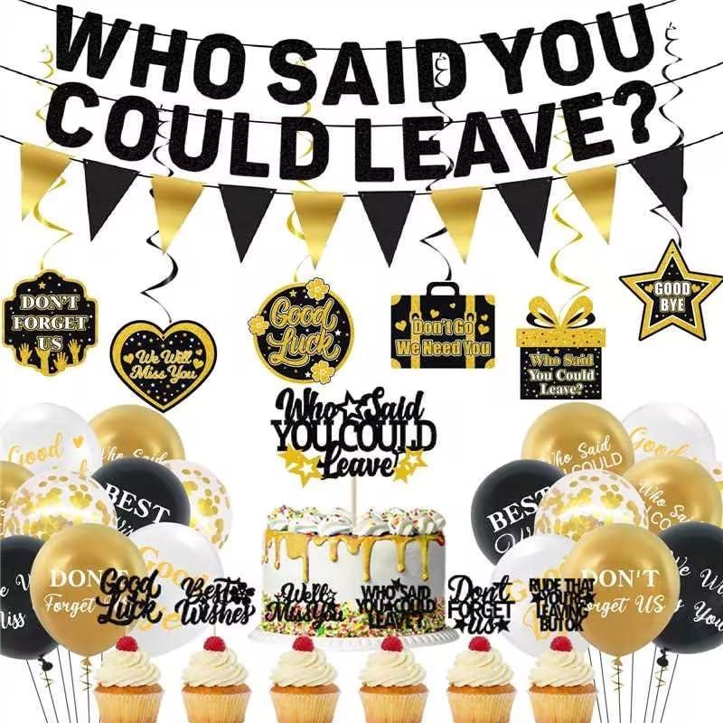 Roetyce Farewell Party Decorations, Who Said You Could Leave Banner Cake Toppers Balloons Hanging Swirls, Going Away Retirement Leaving Party Decorations for Men Women, Coworker Goodbye Party Supplies (Black Gold)
