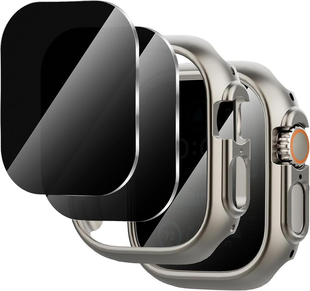 Suoman 2+2-Pack for Apple Watch Ultra 3/2/1 49mm Case + Privacy Tempered Glass Screen Protector, [Anti-Peeping] [with Auto Alignment Tool Kit]+ PC Protective Cover for iWatch Ultra 49mm -Titanium+Privacy