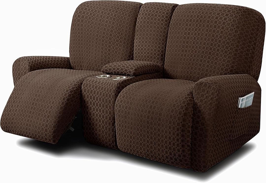 ULTICOR Reclining Love Seat with Middle Console Slipcover, 8-Piece Jacquared Stretch Loveseat Reclining Sofa Covers, 2 seat Loveseat Recliner Cover, Thick, Soft, Washable, (Style 2) (Chocolate)