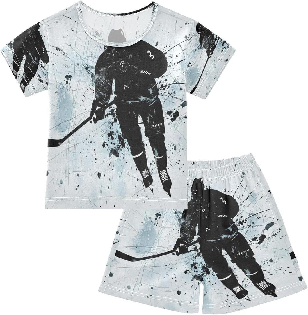 ALAZA Black Ice Hockey Player Watercolor Pajamas Set Short Sleeve Cotton Sleepwear Summer Pjs 2 Piece 12Y
