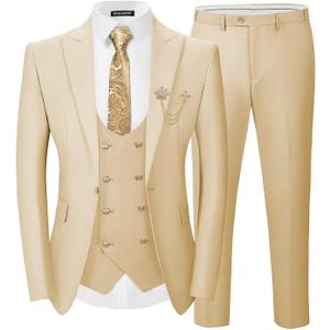 SPTALLFITJSV 3 Piece Suit Men Champagne Mens Double Breasted Blazer Tuxedo Suits Set for Formal Wedding Business Prom Party, Size X-Large 