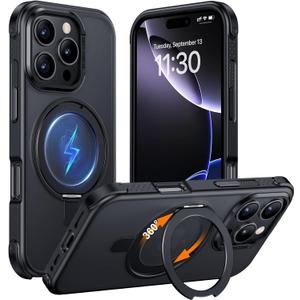 Temdan Magnetic for iPhone 16 Pro Case,[with 360Rotatable Invisible Magnetic O-Ring Stand][Military Grade Shockproof][Compatible with MagSafe] Slim Translucent Matte Phone Case for iPhone 16 Pro 6.3" (Black)