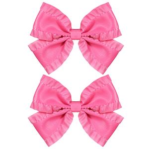4" Hot Pink Ruffled Ribbon Hair Bow Barrettes, 2pc Cute Satin Bow-knot Alligator Clips Hairpins Birthday Valentine Party Dress Decor Accessory for Teens Toddler Girls Kids Child