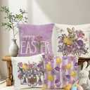 Happy Easter Purple Lily Pillow Covers Watercolor Eggs Bunny 18 x 18 Inch Throw Pillows, Spring Anniversary Celebration Seasonal Decorative Farmhouse Cushion Case for Sofa Couch Set of 4