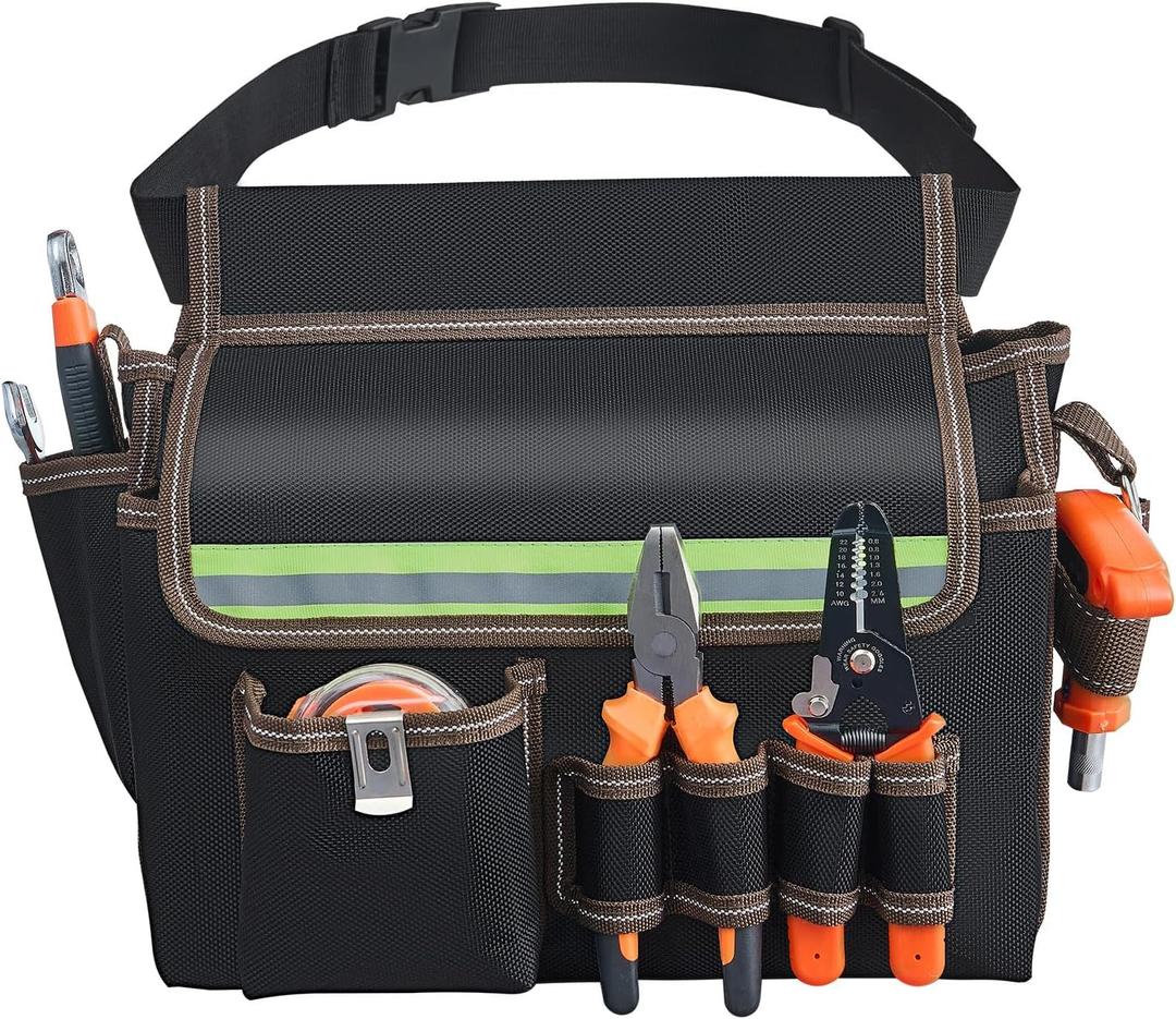 Tool Belt with Reflective Stripes - Adjustable Waist Belt & Shoulder Strap, 1680D Waterproof Oxford Fabric, Tool Pouch Belt with Stronger Long-Lasting for Electricians, Plumbers, Handymen, DIY