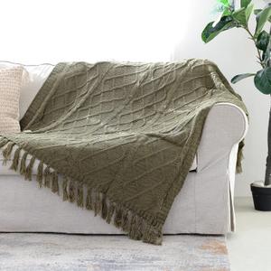 Solid Soft Cozy Cable Knitted Blanket Throw, Lightweight Decorative Textured Green Throw Blanket with Fringes for Couch Chairs Bed Sofa,Olive Green, 50"x 60"