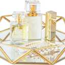 Feyarl Gold Glass Perfume Tray Mirror Vanity Jewelry Trinket Organizer Tray Ornate Cosmetic Makeup Display Decorative Coffee Table Tray for Wedding Home Decor Dresser Tabletop Countertop (9.5inch)