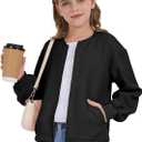 Girls Bomber Jackets Lightweight Zip Up Fashion Kids Cute Jacquard Coats Fall Varsity Outwear Clothes (Black, 13-14Y)