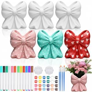 AceOrbit 6 Sets Valentines Day Paint Your Own Coquette Bow Vase Ceramic Blank Bow Porcelain Paint Vase Art Project White Ceramic Painting Kit for Adults Porcelain Decorating Kit with Art Supplies DIY