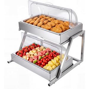 VEVOR Countertop Food Serving Display Container, 2 Tier Stainless Steel Food Salad Server Tray, Buffet Condiment Dispenser, Ice Cooled Rack with Clear Roll Top Cover, for Restaurant Hotel (1/1 Pan x2)