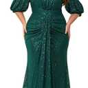 Women's Plus Size Off Shoulder Puff Sleeve Sequin Formal Maxi Dress Evening Party Gowns (3X-Large, Green)