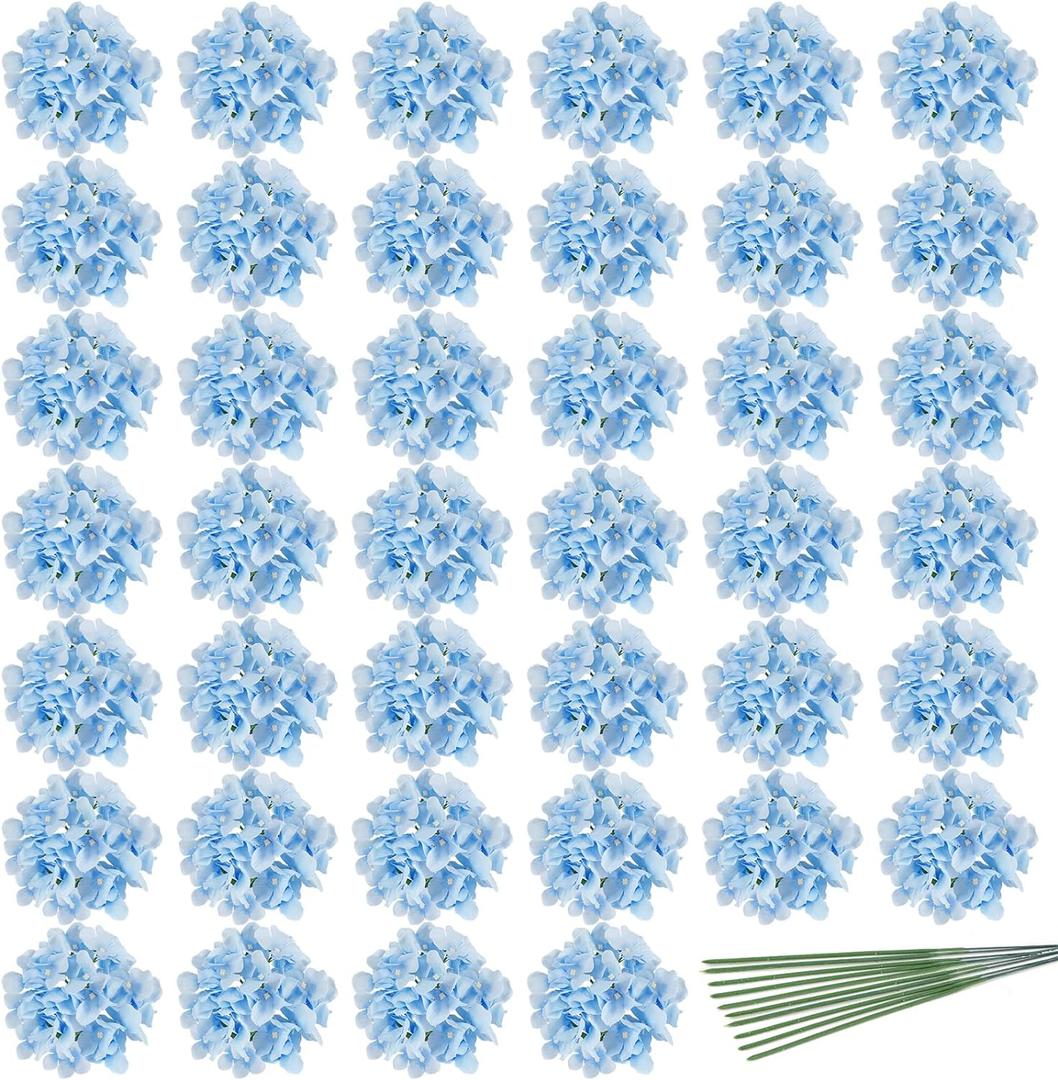 JPSOR 40pcs Artificial Hydrangea Silk Flower Heads with Stems, Fake Flowers for Wedding Centerpiece Home Garden Party Decoration (Blue)