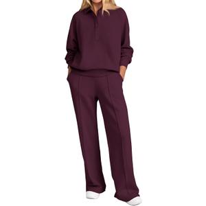 PRETTYGARDEN Women Fall 2 Piece Outfits Sweatsuits Quarter Button Long Sleeve Sweatshirt Wide Leg Pants Tracksuit Lounge Sets (XX-Large, Dark Wine Red)