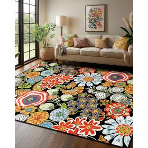 Area Rugs 9x12 Floral Rug, Washable Botanical Flower Carpet, Non Slip, Print Pattern, Low Pile Carpet for Living Room, Bedroom, Kitchen, Dining Room, Nursery, Playroom, Indoor-Red/Orange