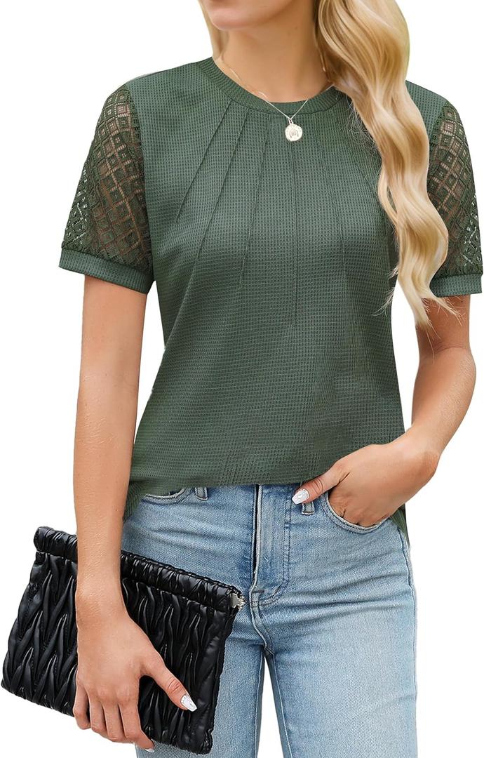 Blooming Jelly Womens Dressy Casual Blouses Short Sleeve Waffle Knit Pleated Business Tops Ladies Summer Trendy Work Shirts (Large, Army Green)