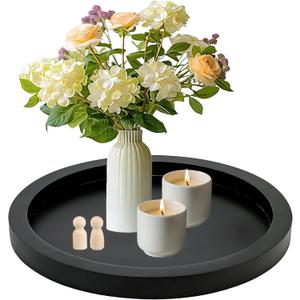11 Inches Round Wooden Tray Decor,Black Decorative Trays for Home Decor,Round Wood Tray for Coffee Table Candle Holder Vintage Table Farmhouse (Black)