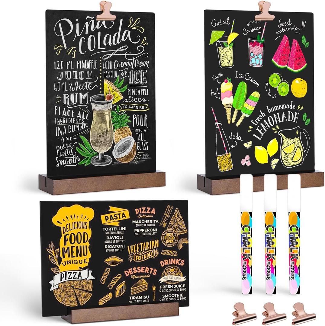 Tabletop Chalkboard with Wood Stand - 3 Pack, 6 x 8 Inch Double Sided Chalkboard Food Signs Menu Message Boards for Coffee Bar, Lemonade Stand, Party Decoration - Vertical Back