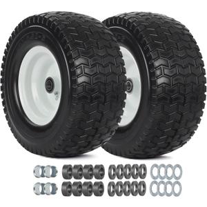 13x6.50-6 Tire and Wheel, 13x6.5-6" Flat-free Lawn Mower Tires, 3-6.5 Centered Hub, 3/4" or 5/8" Bearing, Universal Fit Garden Tractor Front Wheels, 4 Ply, V-Turf Pattern, 2 Pack (13x6.50-6 Flat Free (Turf Tread))