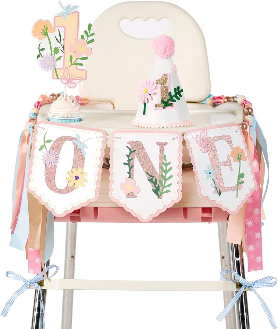 Girl 1st Birthday Decorations, Floral High Chair Banner with 1st Birthday Cake Topper and Birthday Hat, Flower Themed First Birthday Party Supplies