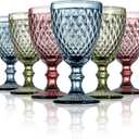 ZOOFOX Set of 6 Vintage Wine Glasses, 10 oz Colored Glass Goblet with Stem, Diamond Design Embossed Glassware for Baby Shower, Wedding, Party, Holiday