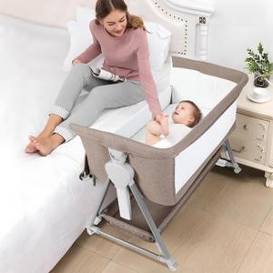 Cowiewie Bassinet Bedside Sleeper, Baby Bassinet with 7 Adjustable Height, Bedside Bassinet for Baby with Storage, Breathable Mesh & Mattress, Portable Bassinet Easy Folding (Baby Brown), Crib