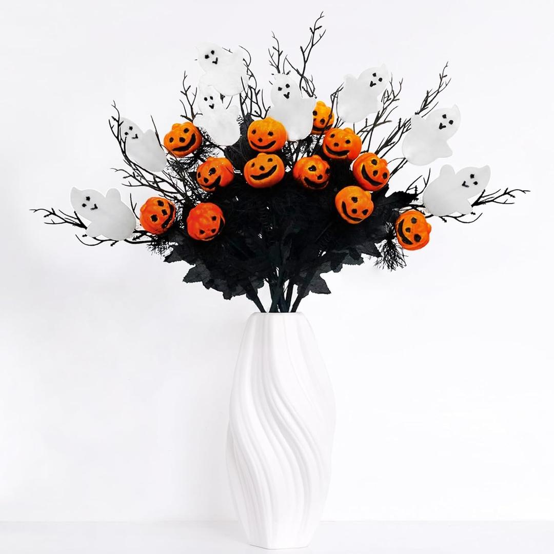 Halloween Decorations Indoor with Pumpkins and White Ghost, Halloween Centerpieces Decor for Tables, Vase Fillers, Artificial Flowers Festive Ornaments and Picks(5PCS) (Orange Pumkin)