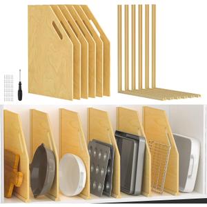 6 Pack Wood Tray Dividers Organizer For Kitchen Cabinet | Adjustable Vertical Cookie Sheet Organizer, Cabinet Dividers Organizer For Pots, Cutting Board, Pans, Lids, Baking Sheets