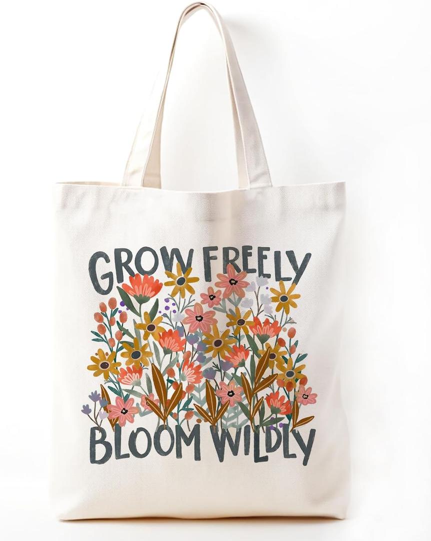 Aesthetic Tote Bag for Girls, Floral Canvas Tote Bag, Inspirational Gifts for Women, Grow Freely Bloom Wildly, Reusable Canvas Grocery Bags Foldable Lady Casual Vacation Beach Shopping Gym