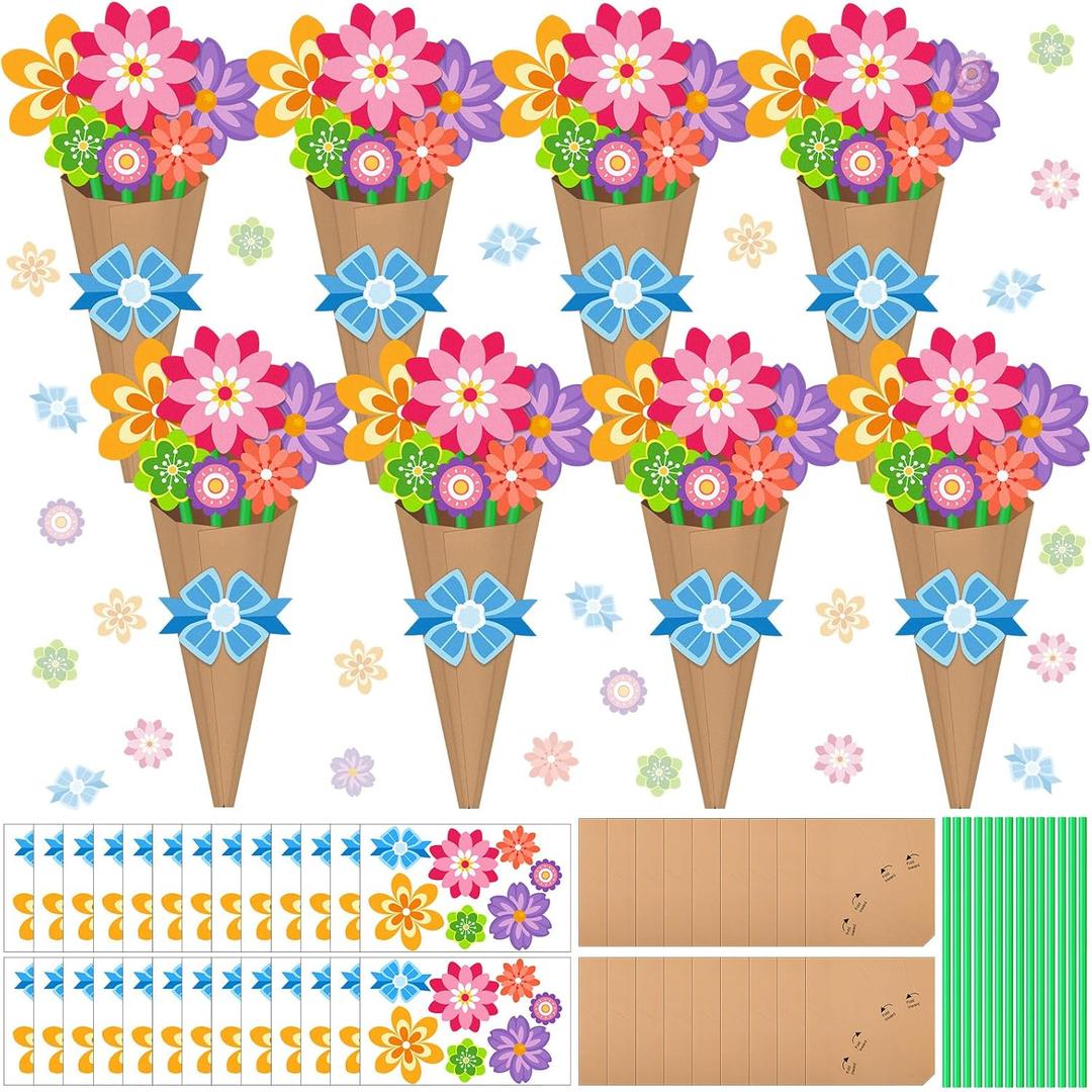 Colingmill 24 Pcs Flower Bouquet Craft Kit DIY Teacher's Day Flower Bouquet Craft DIY Make Your Own Paper Thankful Gift for Thank You Teacher Appreciation Home Classroom Activities