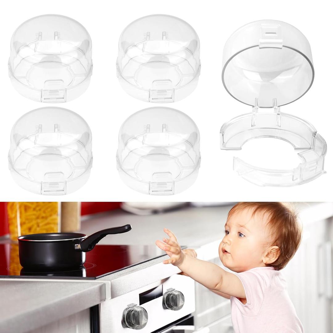 5-Pack Stove Knob Safety Covers,Upgraded Press Gas Stove Knob Locks,Durable Design Childproof Knob Locks for Babies and Pets, Sticky and Easy to Install,Transparent