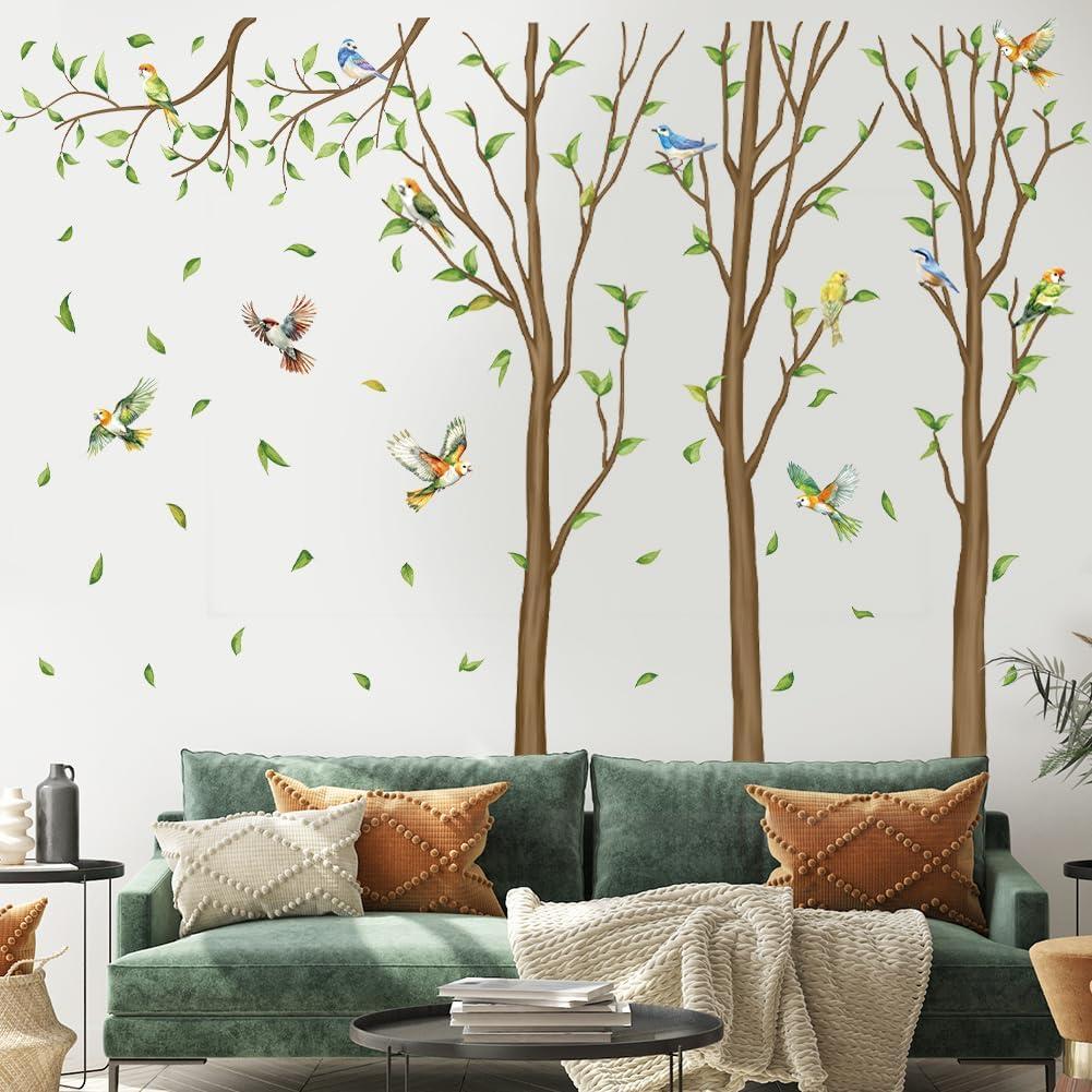 Family Tree Wall Sticker Green Leaf Birds Wall Art Decor Large Tree Branch Wall Decal Peel and Stick Woodland Animals Wall Sticker for Bedroom