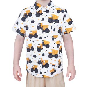 Boys Button Down Shirts Dress Short Sleeve Kids Collared Excavator 3-4T (White)