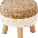 Round Ottoman, Natural Seagrass Footstool with 4 Wood Legs, Multifunctional Modern Dressing Stool and Sofa Side Table for Bedroom (White)
